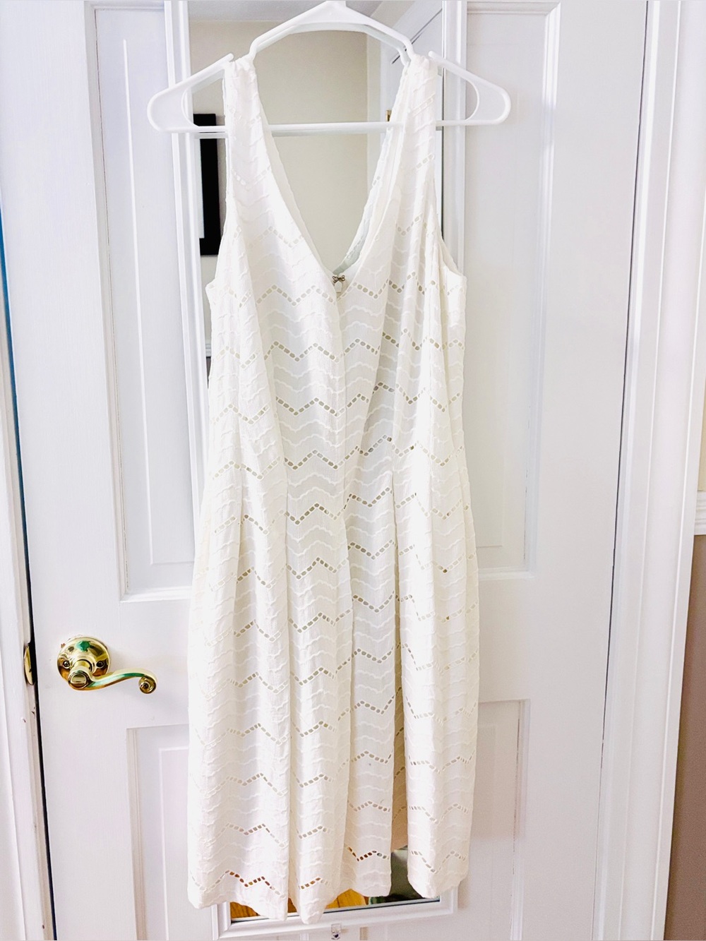 Sleeveless White Eyelet Midi Dress with V-Neck